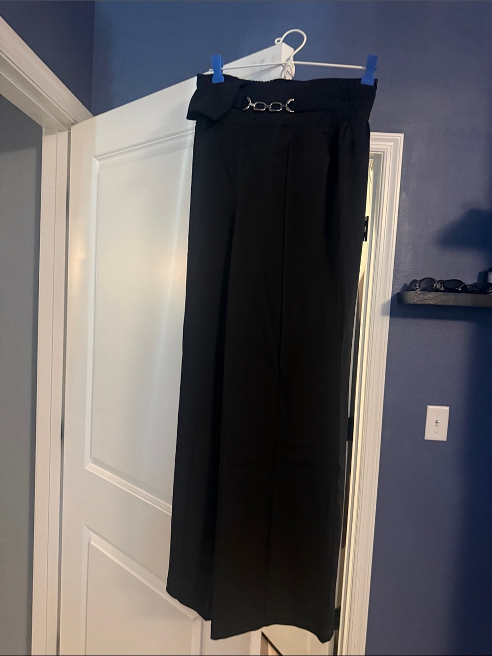 SHEIN Black Wide Leg High Waist Trousers with Buckle Detail